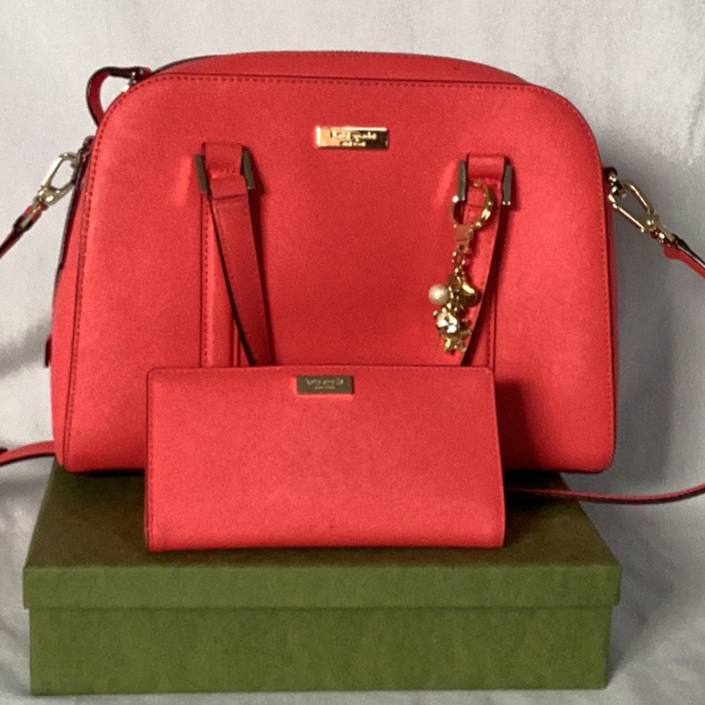 kate spade Coral Red Crossbody with Matching Wallet and Charm